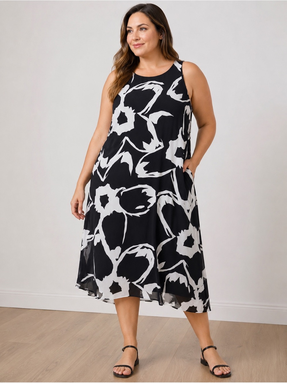 NWT Vince Camuto Black White Floral Midi Dress Size Large Layer Sleeveless Dress